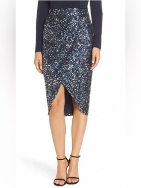 Eliza J Sequin Wrap-Front Pencil Skirt - Navy NWT